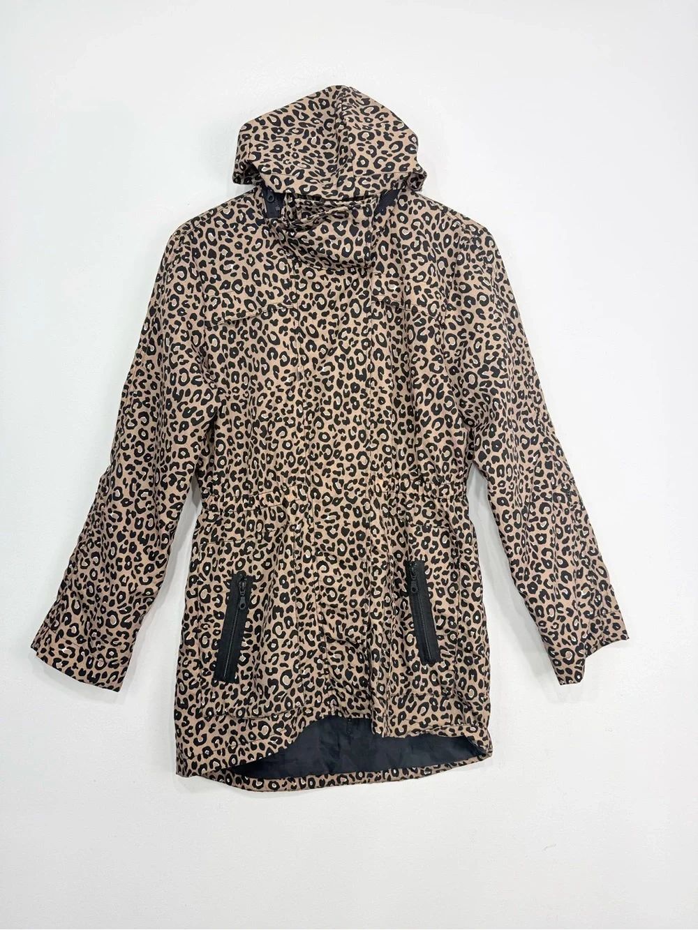 Tart Collections Brown Black Leopard Print Zip Hood Water Resistant Rain Coat
